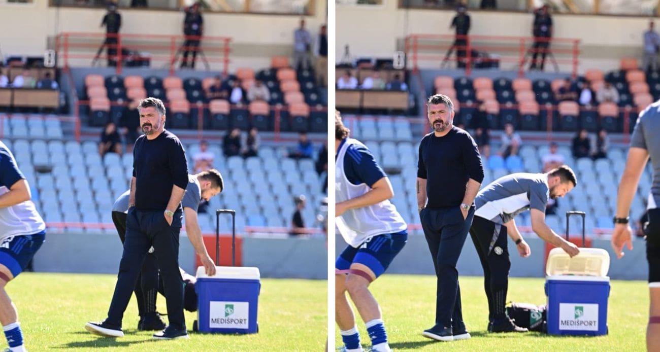 Ovako se igrači Hajduka zagrijavaju. Mister Gattuso je malo zamišljen, a tu je i famozni frižider